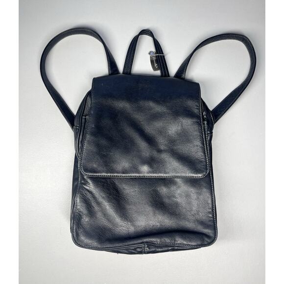 Tignanello Leather Backpack Black Bag Flap Over Zip Shoulder Straps Travel Purse - Picture 1 of 16